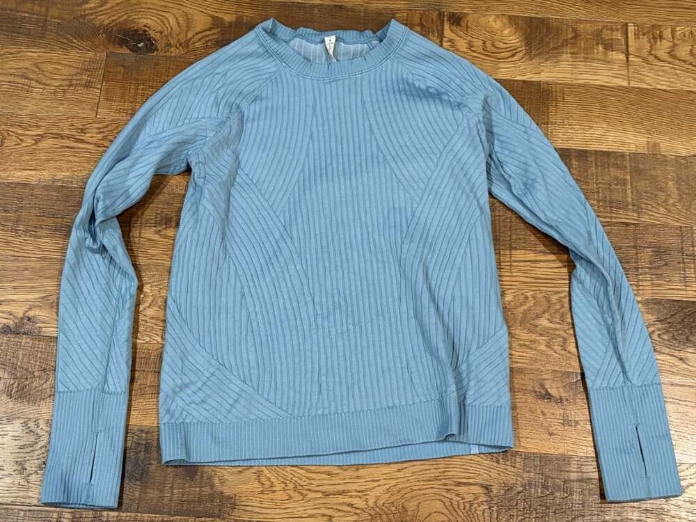 Lululemon Rest Less Pullover Womens 12 Blue Ribbed Seamless Thumbhole Running